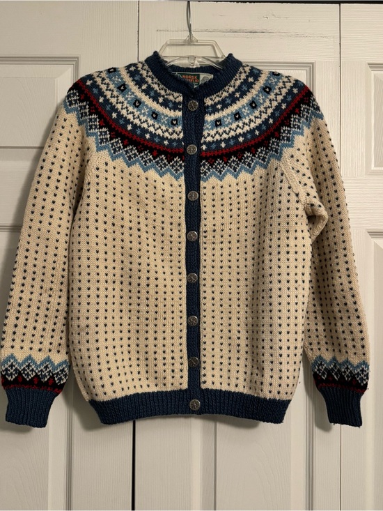 Norsk Husflid Sweaters - VTG Norwegian Norsk Husflid Fair Isle Wool Cardigan - Cream, Navy, Blue & Red